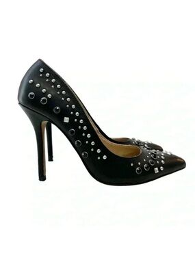 Aldo Black Leather Pumps Pointed Toe High Heel Rhinestone Studded Stilettos 7.5